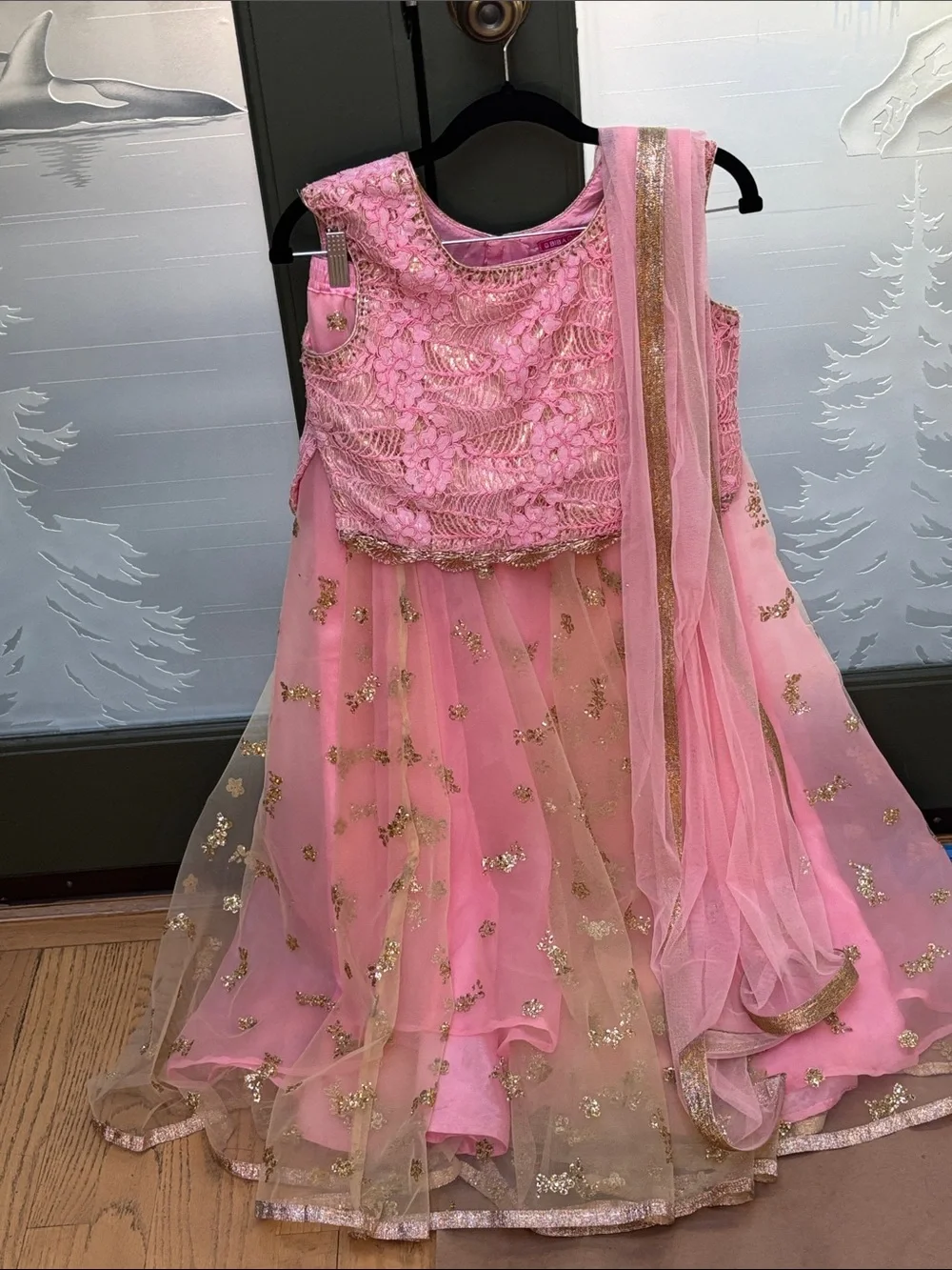 Biba Pink and Gold Girls' Lehenga Choli with Dupatta